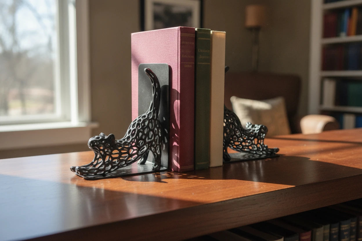 Sculptural Voronoi cat bookends in a warm wood interior