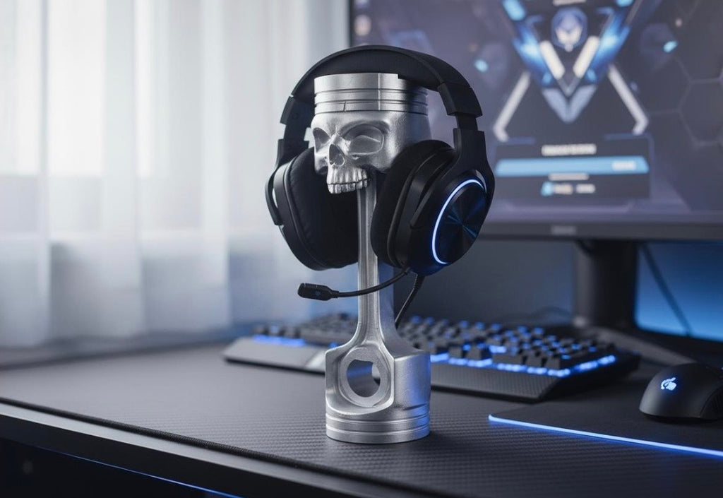 Skull piston headphone stand with gaming headset on a blue RGB lit gaming desk