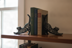 Wide shot of Aged Copper Voronoi cat bookends anchoring a full bookcase
