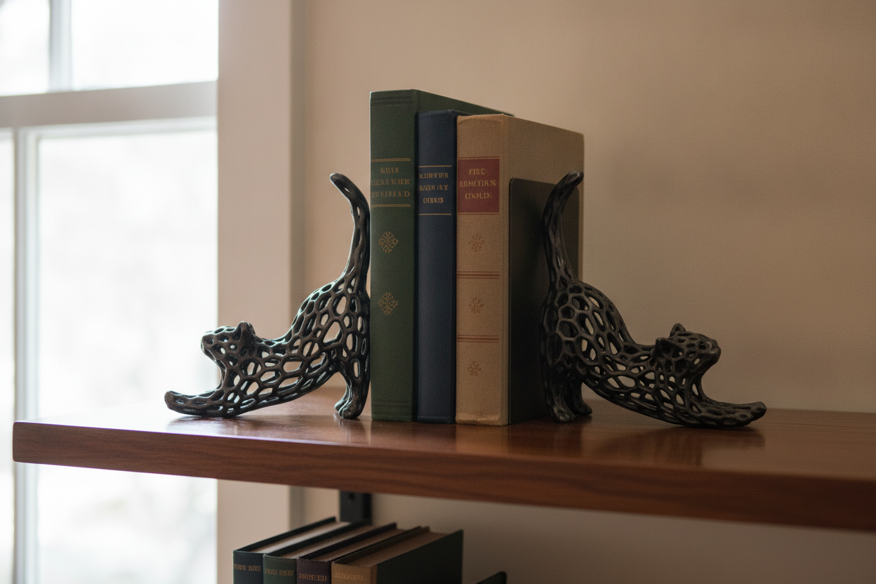 Wide shot of Aged Copper Voronoi cat bookends anchoring a full bookcase