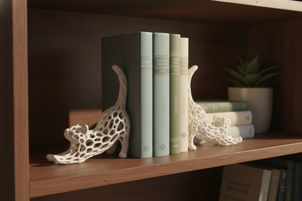 Silver Voronoi cat bookends on dark shelf with natural window light