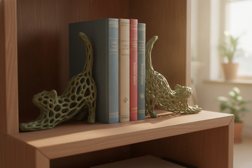 Olive Green Voronoi cat bookends on light wood shelf with colorful books