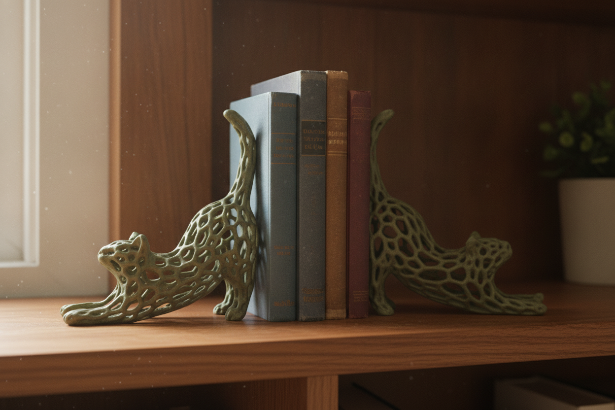 Forged Gunmetal Voronoi cat bookends on light wood bookshelf