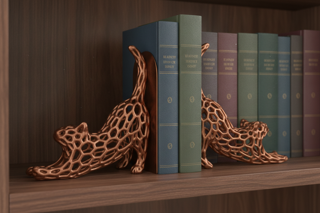 Close up of dark gunmetal Voronoi cat bookends on shelf