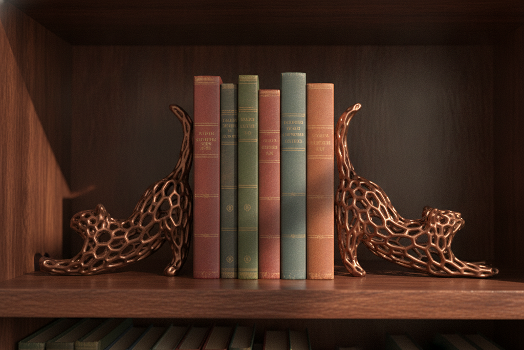 Foundry Black Voronoi cat bookends on bookshelf