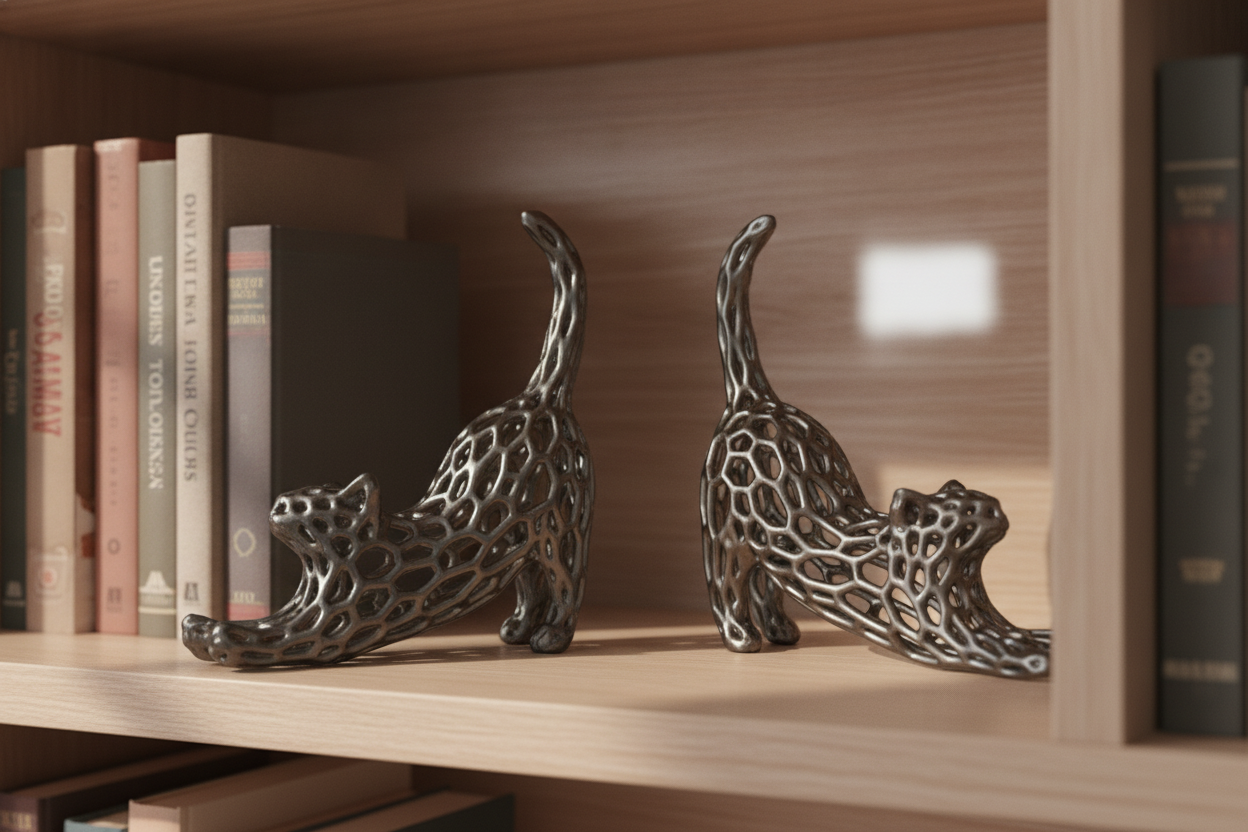 Voronoi cat bookends alternate colorway on shelf
