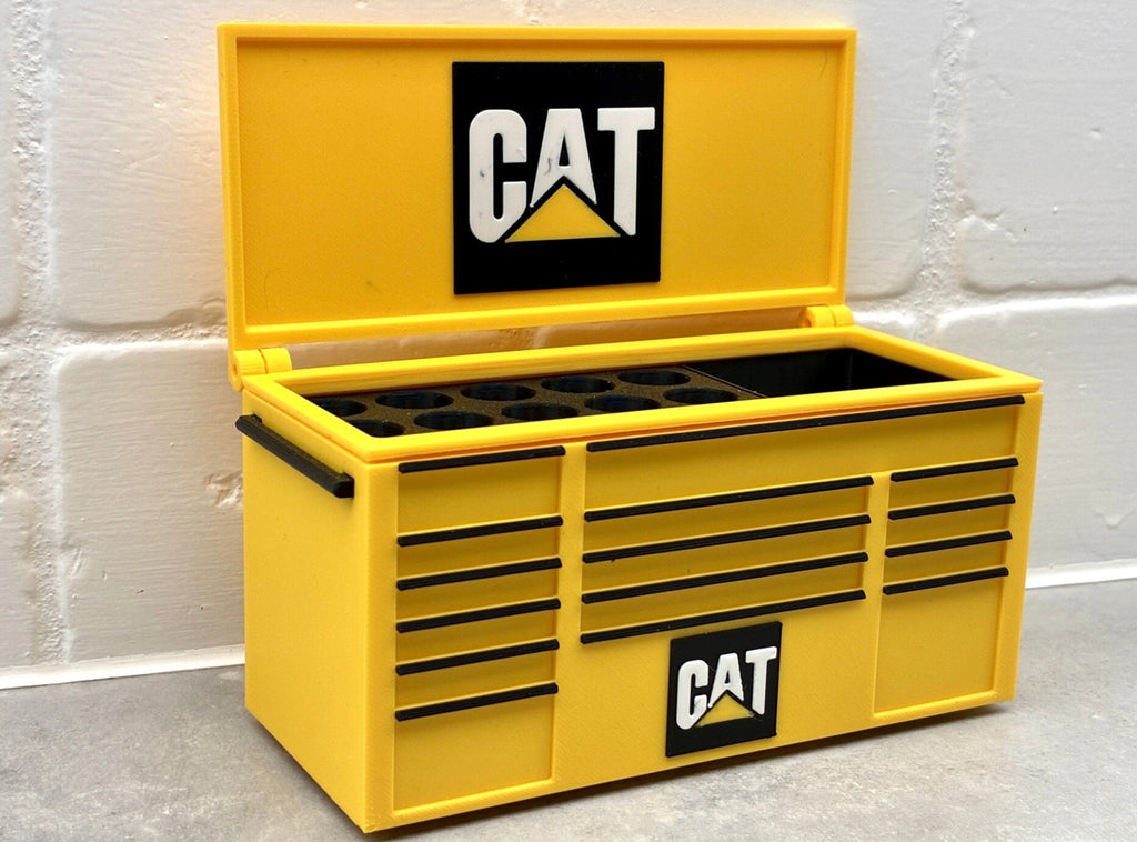 CAT desktop mini toolbox pen holder with hinged lid and decorative drawers