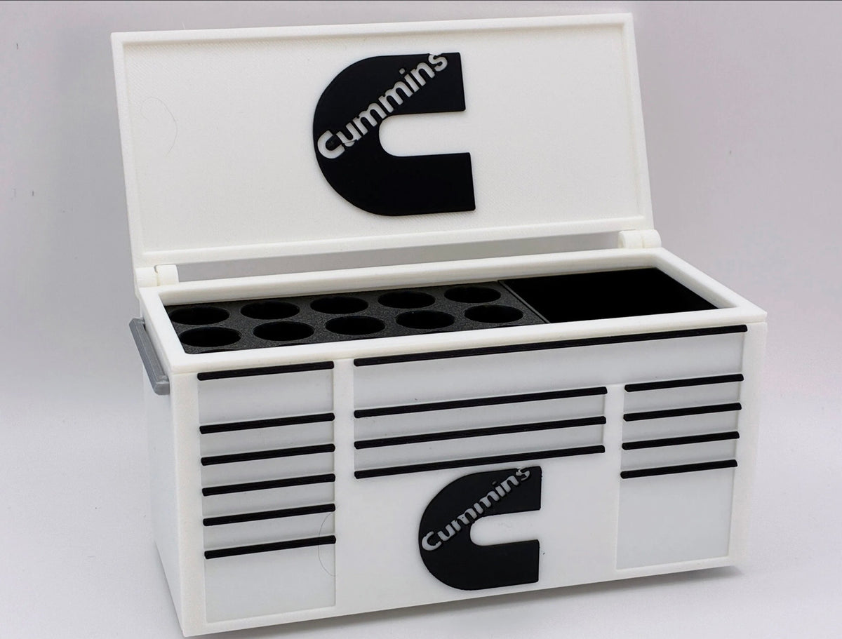 Cummins desktop mini toolbox pen holder with hinged lid and decorative drawers