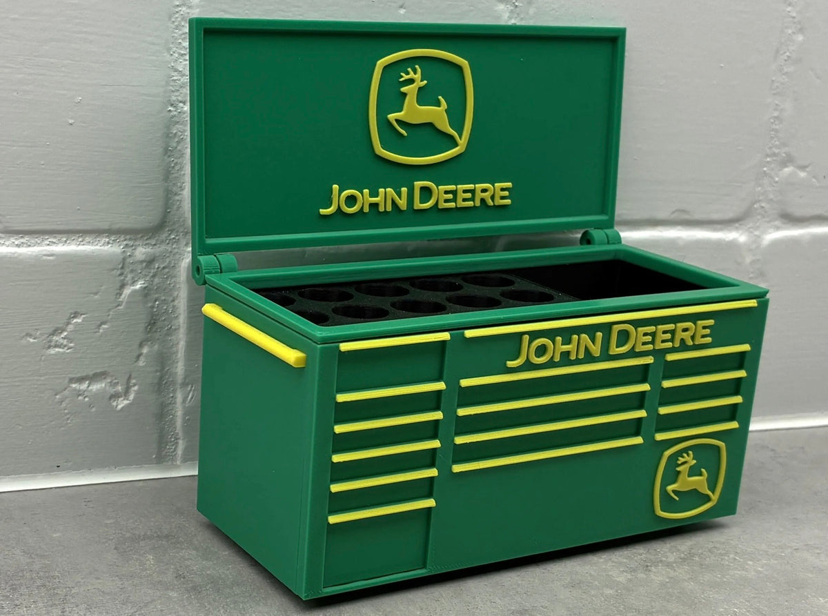 John Deere desktop mini toolbox pen holder with hinged lid and decorative drawers