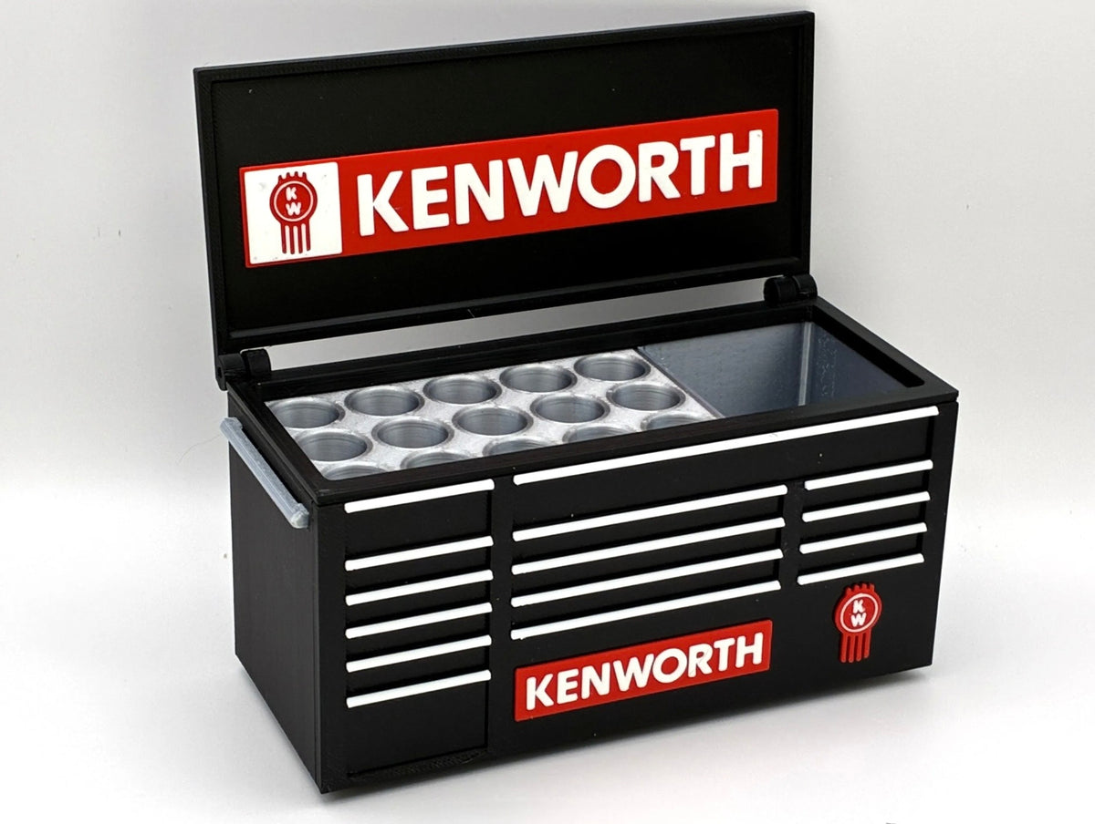 Kenworth desktop mini toolbox pen holder with hinged lid and decorative drawers