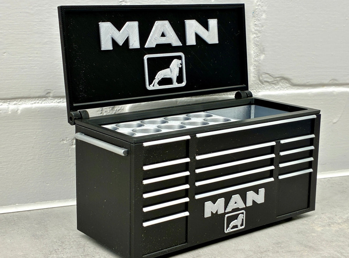 MAN desktop mini toolbox pen holder with hinged lid and decorative drawers