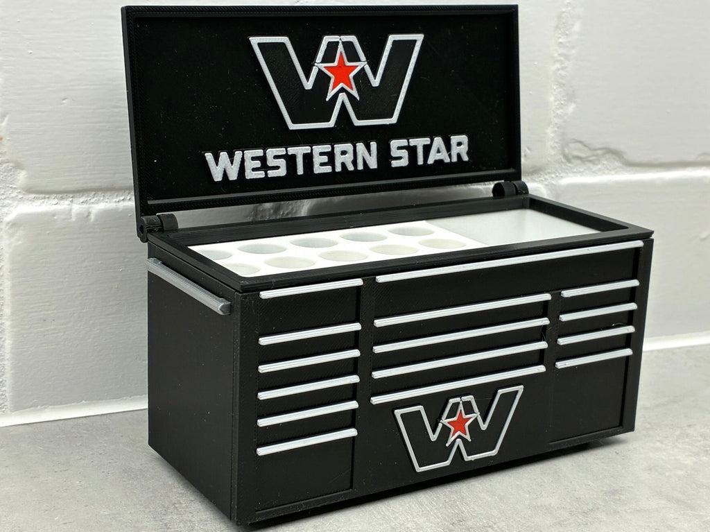 Western Star desktop mini toolbox pen holder with hinged lid and decorative drawers