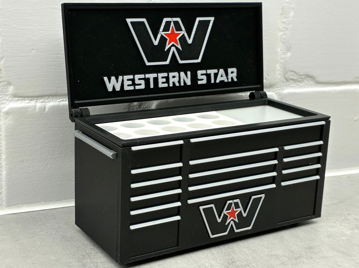 Western Star desktop mini toolbox pen holder with hinged lid and decorative drawers