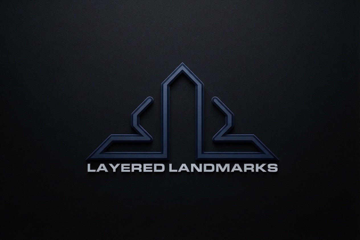 Layered Landmarks original blue symbol and silver lettering
