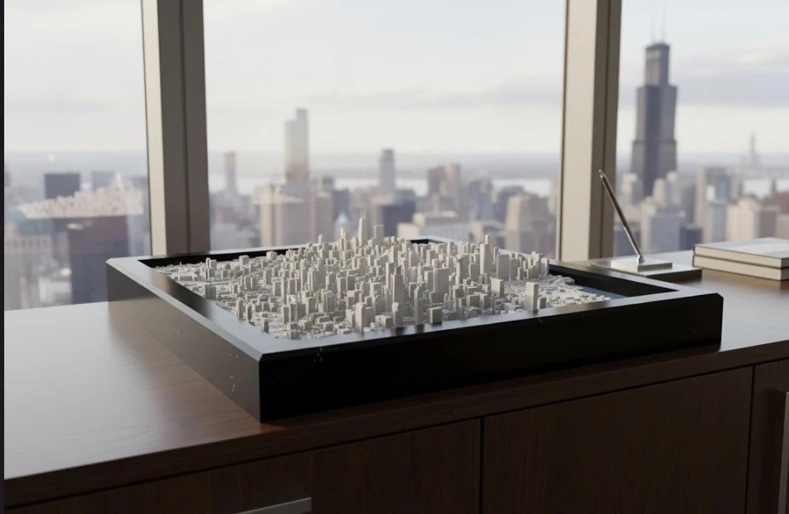 A framed Chicago city model displayed beside a window overlooking the skyline