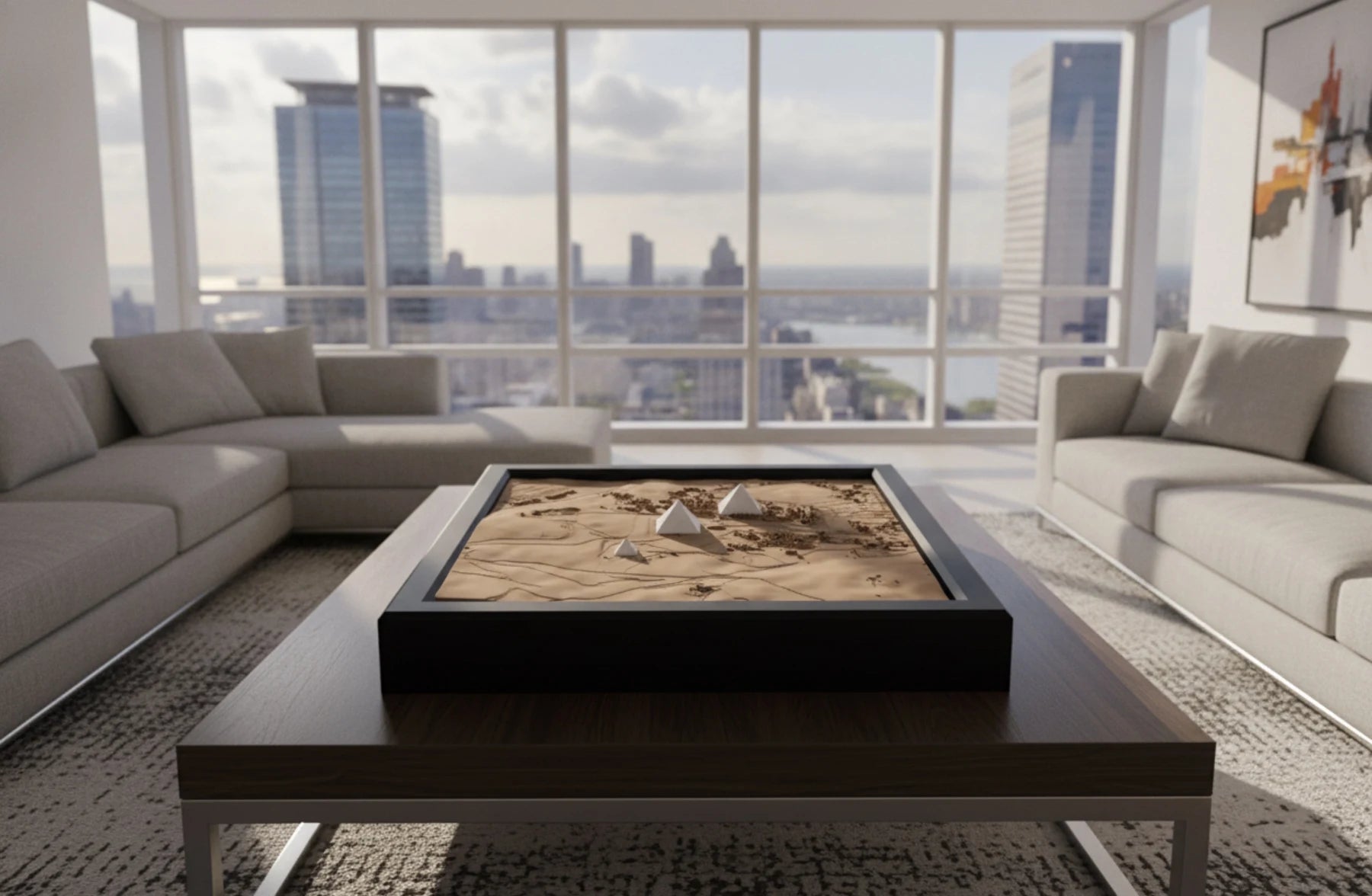 A framed Giza model at the center of a living room